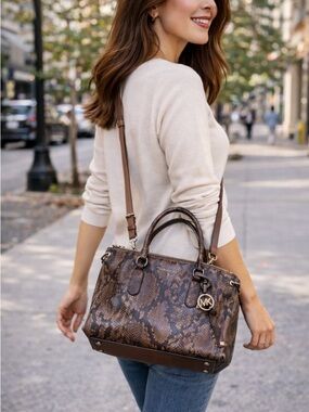 MICHAEL KORS Large Brown Snake-Print Purse With Some Wear